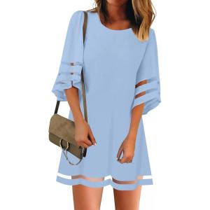 LookbookStore Women Casual Crewneck Mesh Panel 3/4 Bell Sleeve Loose Tunic Dress(Powder Blue)