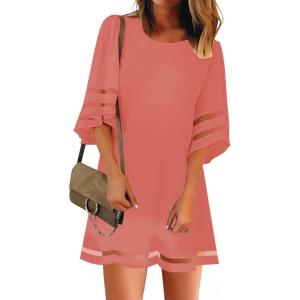 LookbookStore Women Casual Crewneck Mesh Panel 3/4 Bell Sleeve Loose Tunic Dress(Salmon)