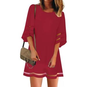 LookbookStore Women Casual Crewneck Mesh Panel 3/4 Bell Sleeve Loose Tunic Dress(Savvy Red)