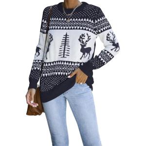 LookbookStore Women Ugly Christmas Tree Reindeer Holiday Knit Sweater Pullover(Navy)