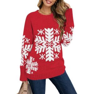 LookbookStore Women Ugly Christmas Tree Reindeer Holiday Knit Sweater Pullover(Z Red Snowflake)