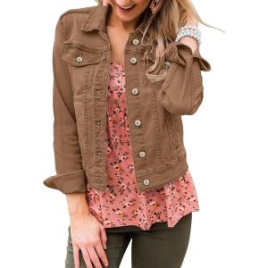 LookbookStore Women’s Basic Long Sleeves Button Down Fitted Denim Jean Jackets(A2 Brown)