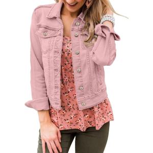 LookbookStore Women’s Basic Long Sleeves Button Down Fitted Denim Jean Jackets(A2 Pink)