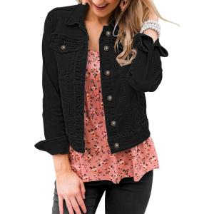 LookbookStore Women’s Basic Long Sleeves Button Down Fitted Denim Jean Jackets(Always Black)