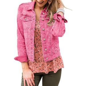 LookbookStore Women’s Basic Long Sleeves Button Down Fitted Denim Jean Jackets(Aurora Pink)