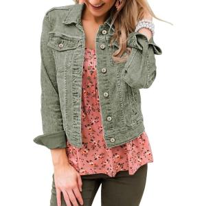 LookbookStore Women’s Basic Long Sleeves Button Down Fitted Denim Jean Jackets(Calliste Green)
