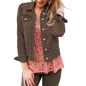 LookbookStore Women’s Basic Long Sleeves Button Down Fitted Denim Jean Jackets(Mustang Brown)