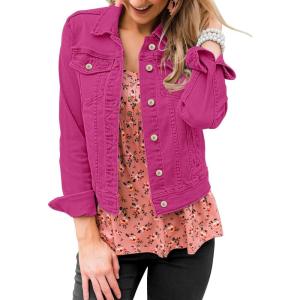 LookbookStore Women’s Basic Long Sleeves Button Down Fitted Denim Jean Jackets(Very Berry)