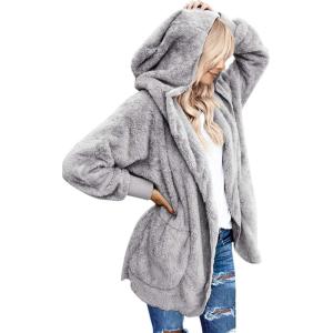 LookbookStore Womens Cardigan 2025 Winter Oversized Open Front Fleece Hooded Draped Pockets Jacket Coats(A Light Grey)