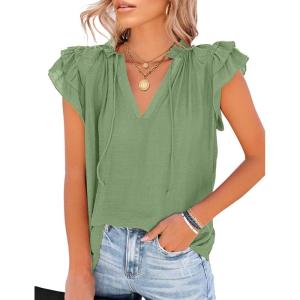 LookbookStore Women’s Casual V Neck Tops Ruffle Flutter Shirt Cap Sleeve Blouse