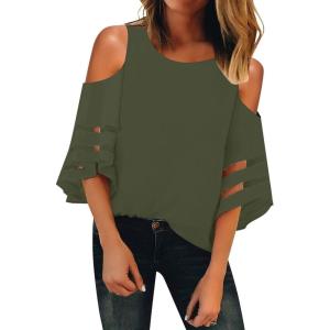 LookbookStore Women’s Cold Shoulder Loose Shirt Tops 3/4 Bell Mesh Sleeve Blouse(Army Green)
