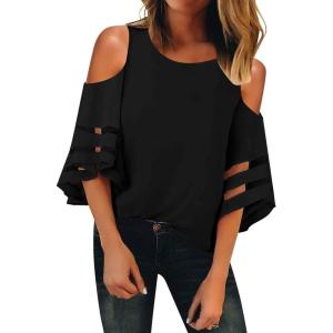 LookbookStore Women’s Cold Shoulder Loose Shirt Tops 3/4 Bell Mesh Sleeve Blouse(Black)