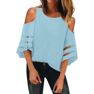 LookbookStore Women’s Cold Shoulder Loose Shirt Tops 3/4 Bell Mesh Sleeve Blouse(Blue)