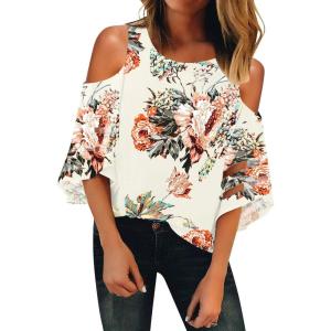 LookbookStore Women’s Cold Shoulder Loose Shirt Tops 3/4 Bell Mesh Sleeve Blouse(Ivory Floral)