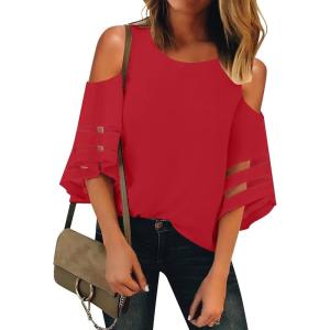 LookbookStore Women’s Cold Shoulder Loose Shirt Tops 3/4 Bell Mesh Sleeve Blouse(Red)