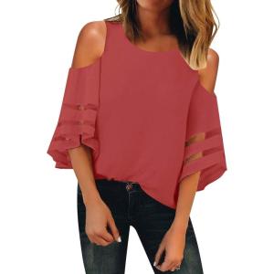 LookbookStore Women’s Cold Shoulder Loose Shirt Tops 3/4 Bell Mesh Sleeve Blouse(Tea Rose)