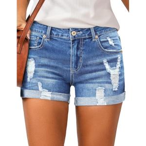 LookbookStore Women’s High Waisted Rolled Hem Distressed Jeans Ripped Denim Shorts(1 Blue)