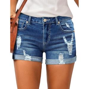 LookbookStore Women’s High Waisted Rolled Hem Distressed Jeans Ripped Denim Shorts(1 Denim Blue)