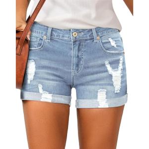 LookbookStore Women’s High Waisted Rolled Hem Distressed Jeans Ripped Denim Shorts(Ballad Blue)