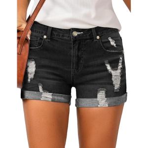 LookbookStore Women’s High Waisted Rolled Hem Distressed Jeans Ripped Denim Shorts(Black)