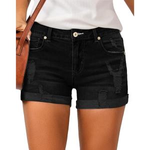 LookbookStore Women’s High Waisted Rolled Hem Distressed Jeans Ripped Denim Shorts(Black-102)