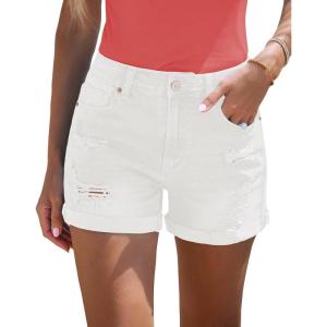 LookbookStore Women’s High Waisted Rolled Hem Distressed Jeans Ripped Denim Shorts(Bright White)