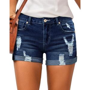 LookbookStore Women’s High Waisted Rolled Hem Distressed Jeans Ripped Denim Shorts(Classic Blue)