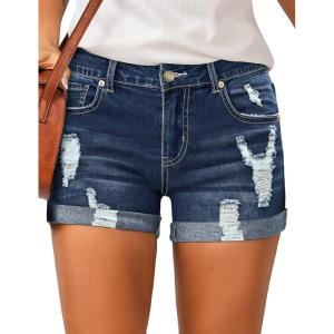 LookbookStore Women’s High Waisted Rolled Hem Distressed Jeans Ripped Denim Shorts(Dark Blue)