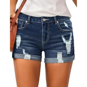 LookbookStore Women’s High Waisted Rolled Hem Distressed Jeans Ripped Denim Shorts(Dark Denim)
