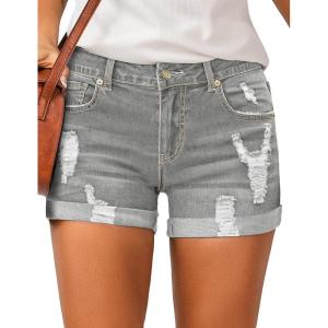 LookbookStore Women’s High Waisted Rolled Hem Distressed Jeans Ripped Denim Shorts(Light Grey)