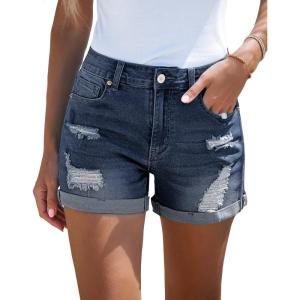 LookbookStore Women’s High Waisted Rolled Hem Distressed Jeans Ripped Denim Shorts(Majolica Blue)