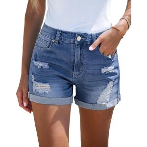 LookbookStore Women’s High Waisted Rolled Hem Distressed Jeans Ripped Denim Shorts(Navy Peony)