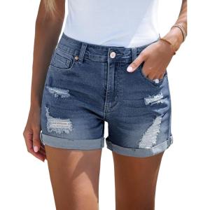 LookbookStore Women’s High Waisted Rolled Hem Distressed Jeans Ripped Denim Shorts(Provincial Blue)