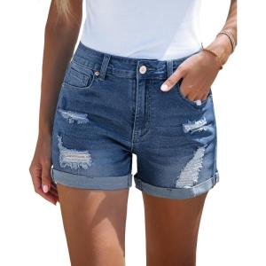 LookbookStore Women’s High Waisted Rolled Hem Distressed Jeans Ripped Denim Shorts(Sodalite Blue)