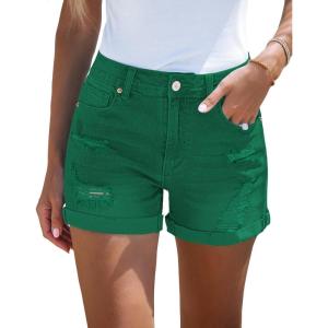 LookbookStore Women’s High Waisted Rolled Hem Distressed Jeans Ripped Denim Shorts(Verdant Green)