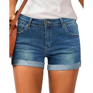 LookbookStore Women’s High Waisted Rolled Hem Distressed Jeans Ripped Denim Shorts(Vintage Medium Blue)