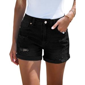 LookbookStore Women’s High Waisted Rolled Hem Distressed Jeans Ripped Denim Shorts(Warm Onyx Black)