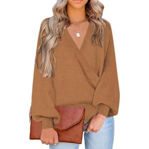 LookbookStore Women’s Knit Long Sleeve Faux Wrap Surplice V Neck Sweater Top(Almond Brown)