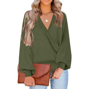 LookbookStore Women’s Knit Long Sleeve Faux Wrap Surplice V Neck Sweater Top(Army Green)