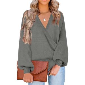 LookbookStore Women’s Knit Long Sleeve Faux Wrap Surplice V Neck Sweater Top(Dark Grey)