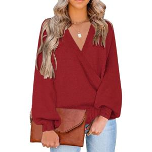 LookbookStore Women’s Knit Long Sleeve Faux Wrap Surplice V Neck Sweater Top(Haute Red)