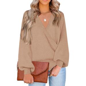 LookbookStore Women’s Knit Long Sleeve Faux Wrap Surplice V Neck Sweater Top(Khaki)