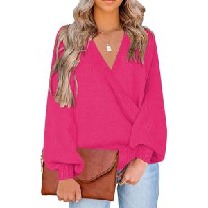 LookbookStore Women’s Knit Long Sleeve Faux Wrap Surplice V Neck Sweater Top(Magenta)