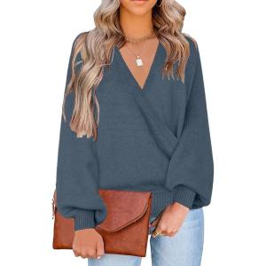 LookbookStore Women’s Knit Long Sleeve Faux Wrap Surplice V Neck Sweater Top(Moonlight Blue)