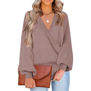 LookbookStore Women’s Knit Long Sleeve Faux Wrap Surplice V Neck Sweater Top(Twilight Mauve)