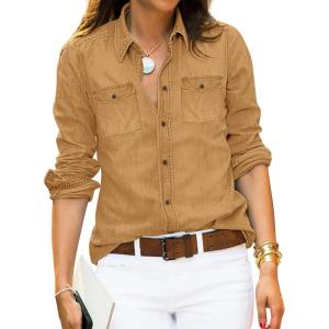LookbookStore Women’s Long Sleeve Collared Shirt Button Down Denim Blouse Tops(Almond Brown)