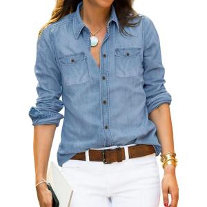 LookbookStore Women’s Long Sleeve Collared Shirt Button Down Denim Blouse Tops(Classic Blue)