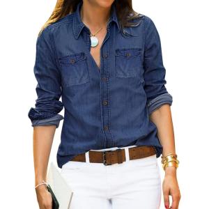 LookbookStore Women’s Long Sleeve Collared Shirt Button Down Denim Blouse Tops(Dark Sapphire)