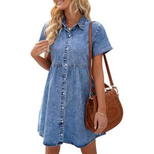 LookbookStore Women’s Short Sleeve Button Down Flowy Tiered Babydoll Denim Dress(A1 Reef Blue)