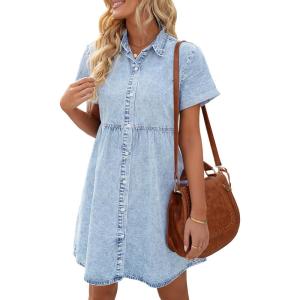 LookbookStore Women’s Short Sleeve Button Down Flowy Tiered Babydoll Denim Dress(A3 Roadknight Blue)